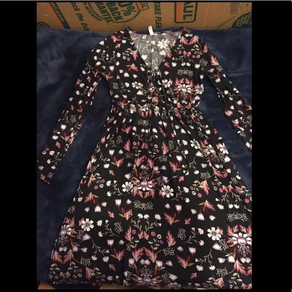 Black Long Sleeve Floral Dress with Tie Up Front